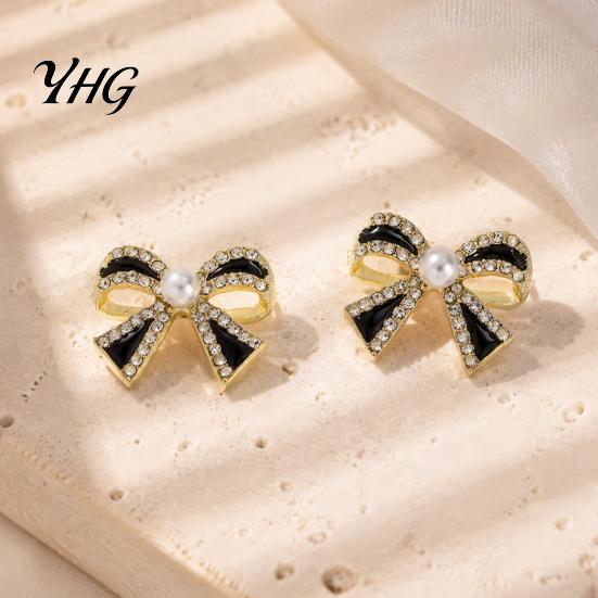 Delicate Decorative Earrings 1 Pair Sparkly Rhinestone Bow Knot Stud for Women, Faux Pearl Classy Party Jewelry Ribbon Earrings, Statement Cubic