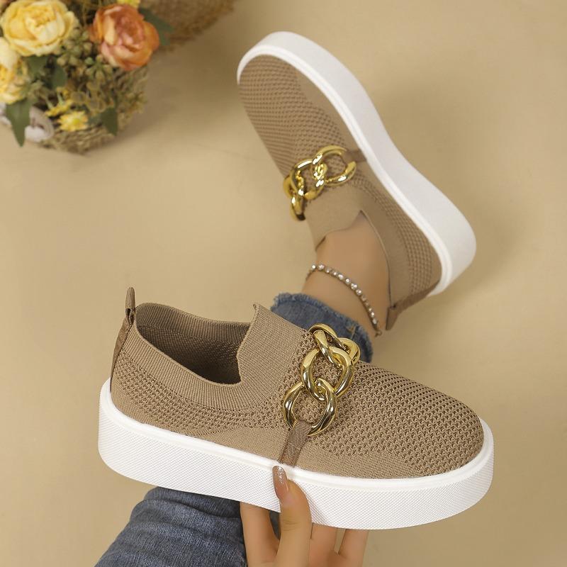 Stora storlekar tjocksulade flugvävda låga enkelskor dam vår och höst nya kedjedekorativa fotöverdrag damskor