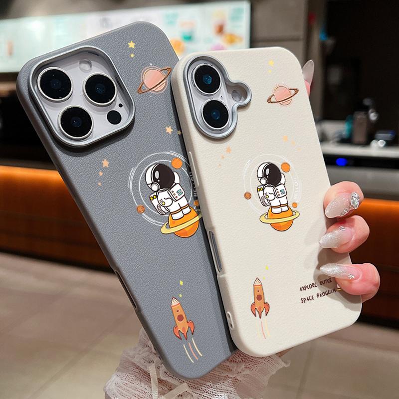 Cartoon Astronaut Leather Texture Soft Case For iPhone 16 15 14 Pro Max 15 Plus 13 12 Pro Max 11 Shockproof Silicone Phone Cover
