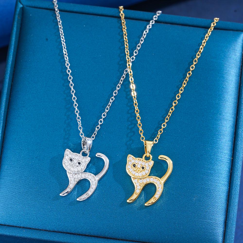 Cute Cat Light Luxury Full Diamond Titanium Steel Necklace for Women