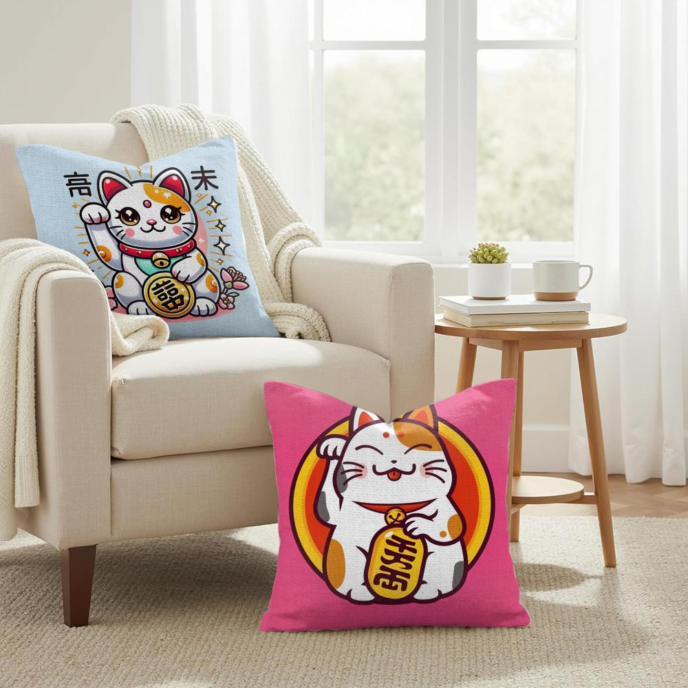 Lucky Cats Cartoon Cushion Cover Natural Linen Organic Fabric Double-Sided Printing Sofa Home Decor Gift Pillow Cover