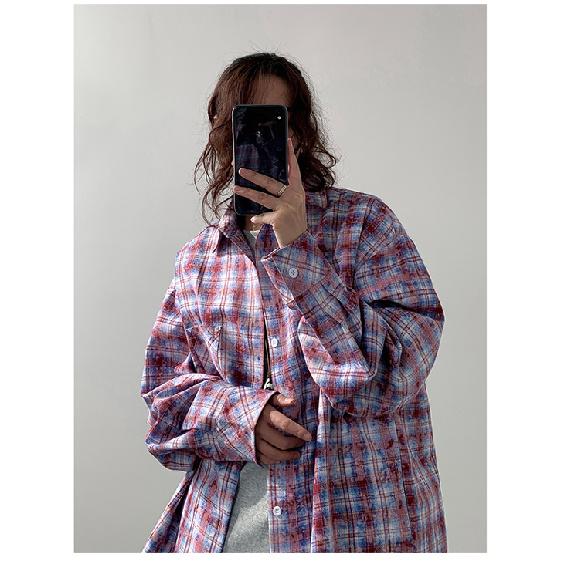 Blackbb Women's Tie-Dyed Plaid Shirt, 24 Spring and Autumn New Loose Casual Lazy Coat