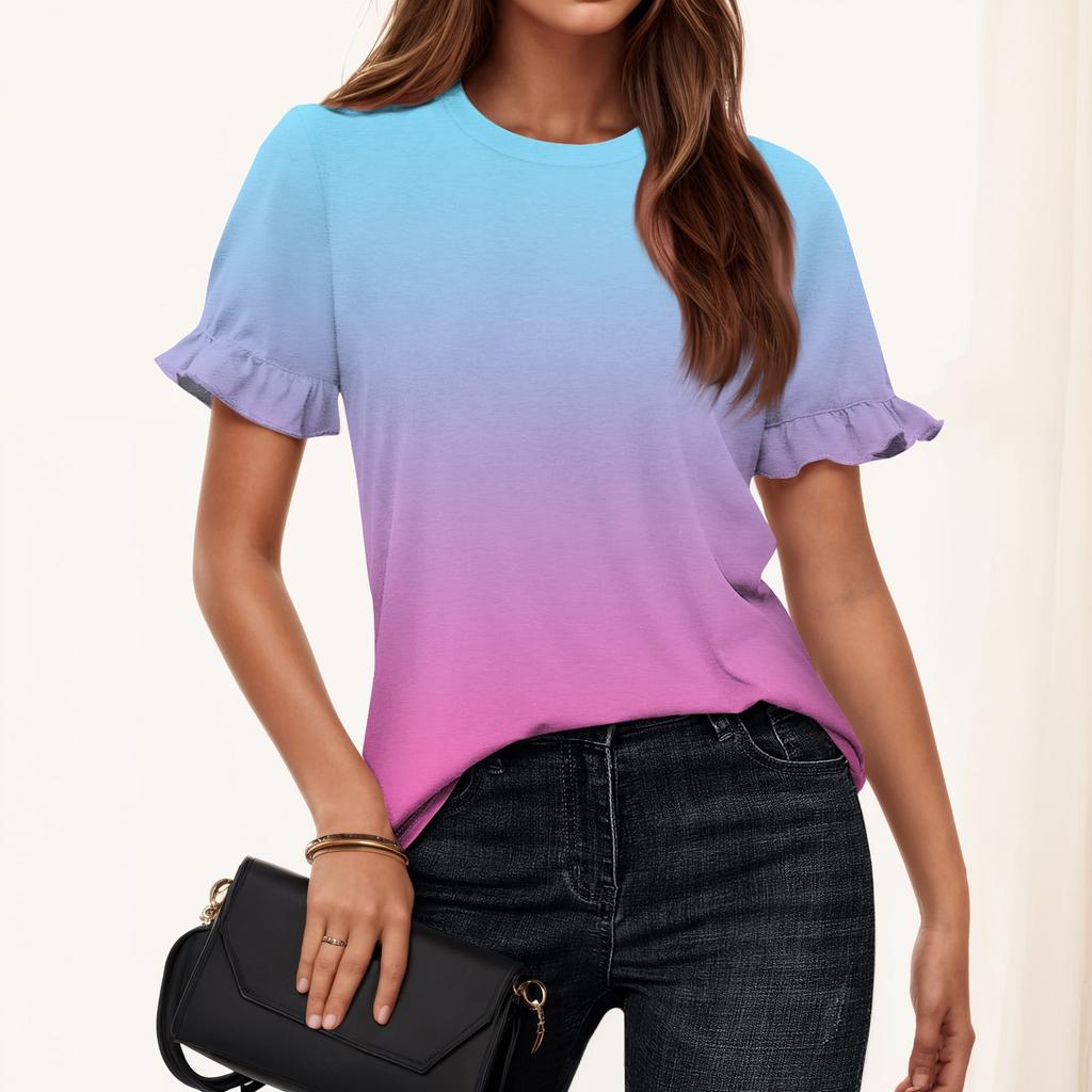 Ladies Summer Print Short Sleeve Ruffle Round Neck T-Shirt