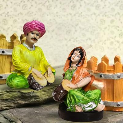 Resin Rajasthani Musical Couple Decoreative Showpiece for Home Decor (Pack of 2, Multicolor)
