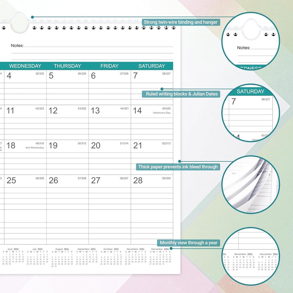2026 Wall Calendar - Desk/Wall Calendar 2026, Jan.2026 - Dec.2026, 11-1/2"x14.68", Ruled Blocks, Spiral Bound, Monthly Calendar