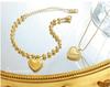 Trendy European & American Couples Peach Heart Necklace & Bracelet Set, Titanium Steel, 18K Gold Plated, Round Bead Chain.