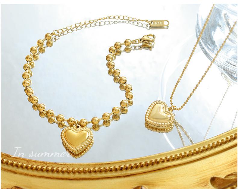Trendy European & American Couples Peach Heart Necklace & Bracelet Set, Titanium Steel, 18K Gold Plated, Round Bead Chain.