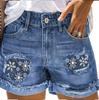 Damen Blaue Jeans-Shorts mit zerrissenem Saum Patchwork-Blumen Used-Look Details