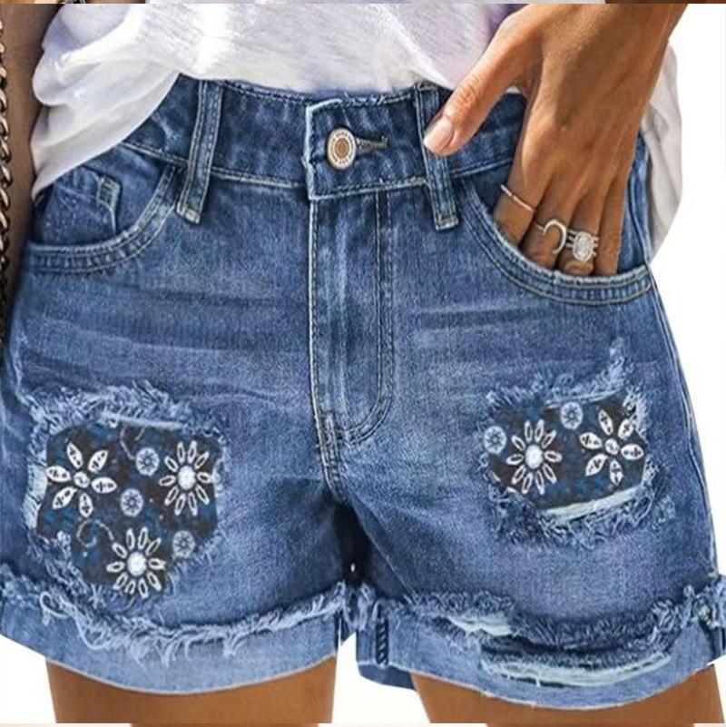 Women s Blue Denim Shorts with Ripped Hem Patchwork Flowers Distressed Details S