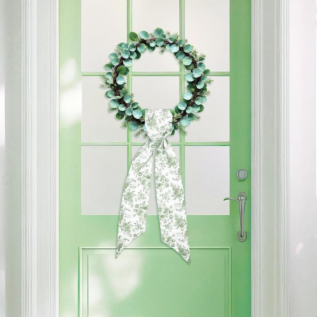 Whaline 2Pcs Green Flower Wreath Sash for Front Door Chinoiserie Floral Garland Ribbon for Holiday Party Home Decor Indoor Outdoor