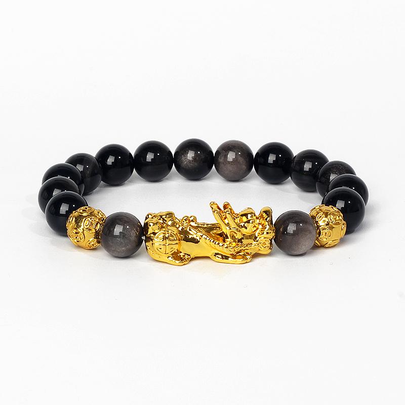 Feng Shui Black Obsidian Wealth Bracelets Men Color Changed Pi Xiu Bracelets Women 10mm Dragon Mantra Bead Bangle Lucky Jewelry