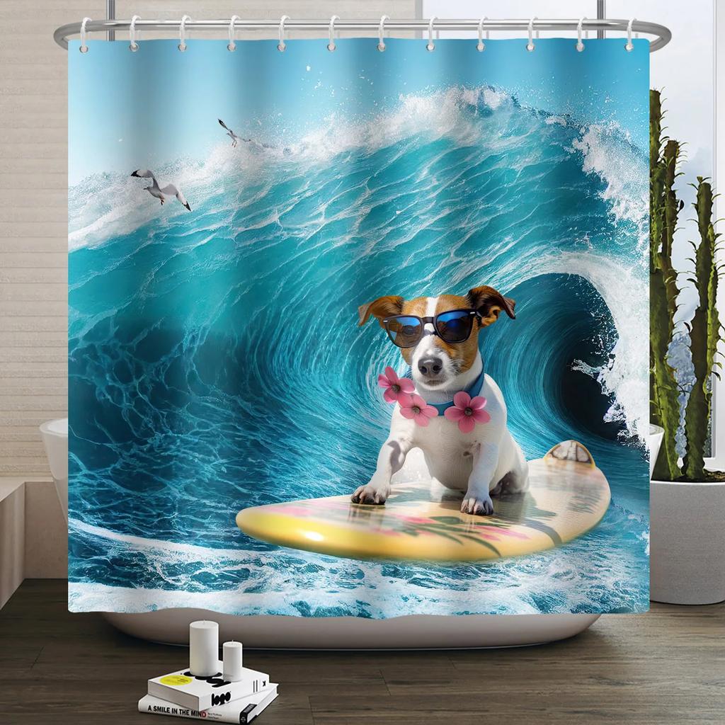 Hrdinský Velký bílý žralok s pistolí Kočka Vtipný sprchový závěs Pro kryt vany Kryt koupelny Koupání Extra velký Široký 12 ks háčků