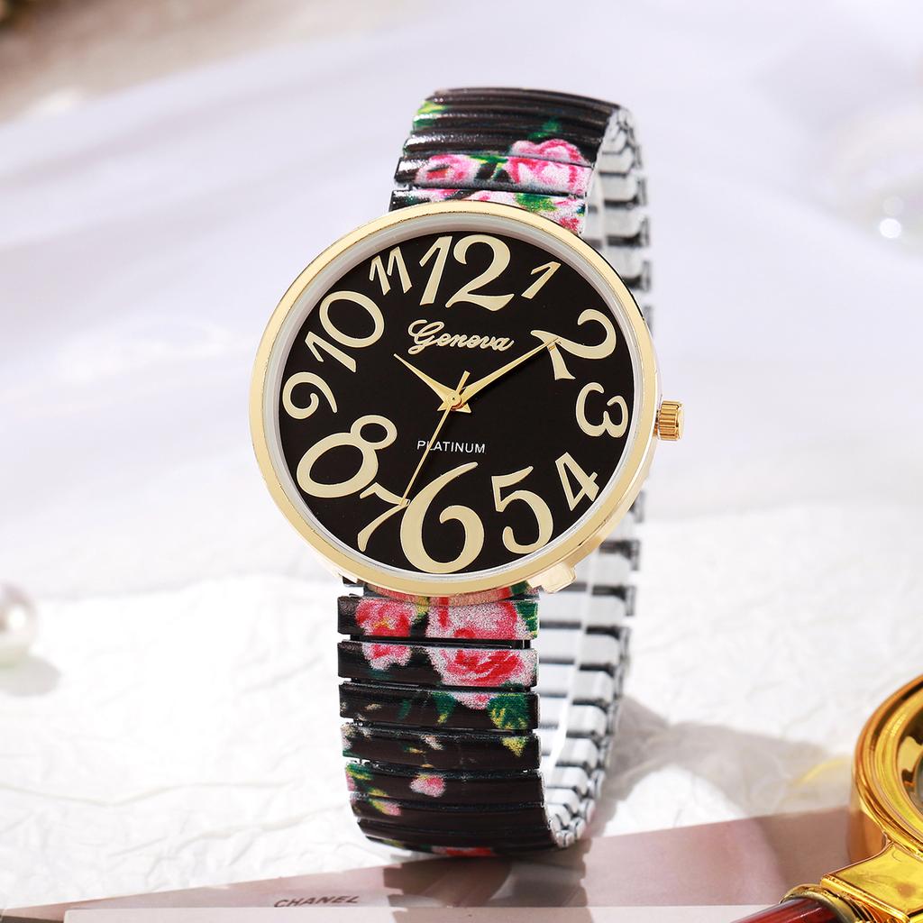 3pcs/set Women's Fashion Personalized Printed Elastic Band Trendy Casual Digital Dial Quartz Watch Combination Set No Box