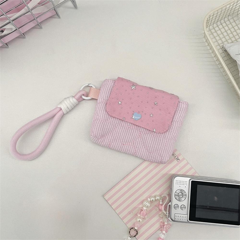 Kawaii Mini Earphone Storage Bag Stripe Snap Button CCD Camera Storage Bag Star Card Key Purse For Women Girls