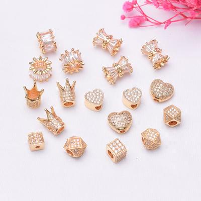 10pcs Color Retention 18K Gold Micro-Inlaid Zircon Crown Love Beads Small Waist Barrel Beads Diy Bracelet Beaded Jewelry Accessories