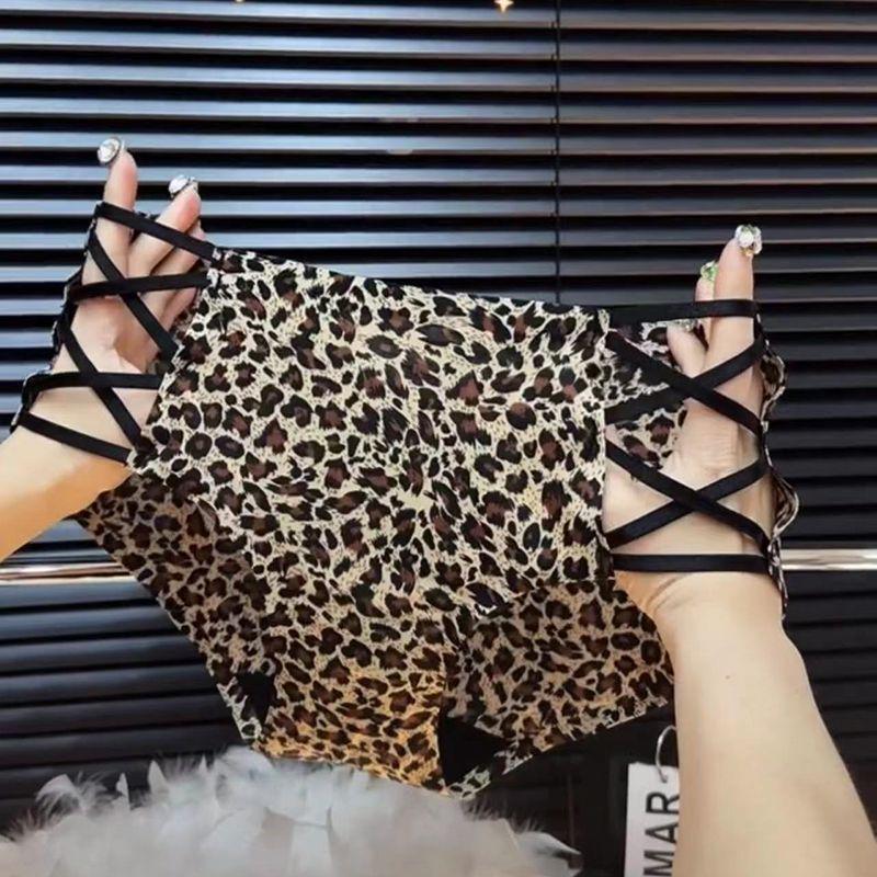 New Sexy Leopard Print Seamless Cutout Panties - Women's Breathable Ice Silk with Cotton Crotch and Thin Temptation Straps.