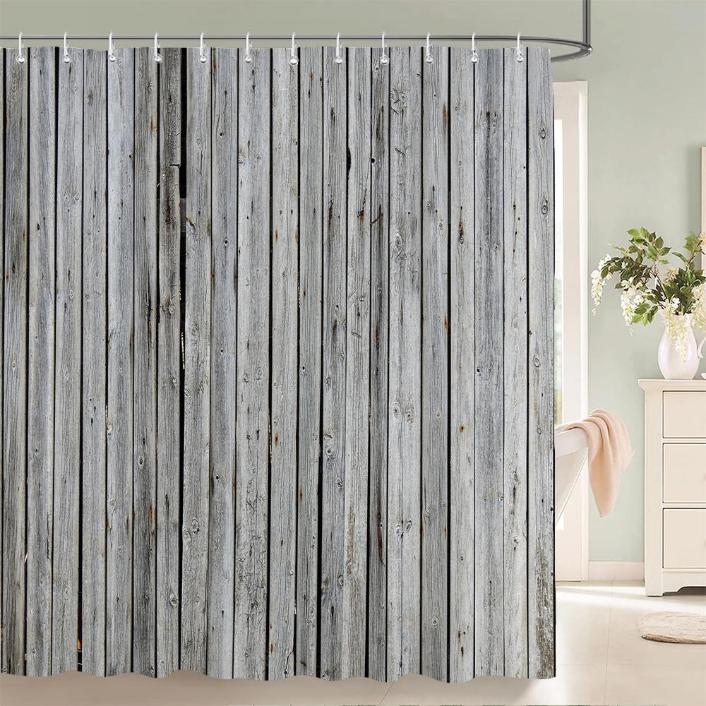 1Pcs Imitation Wood Grain Printed Fabric Waterproof Shower Curtain, Stripe Pattern Bathroom Decoration Curtain, With Hooks