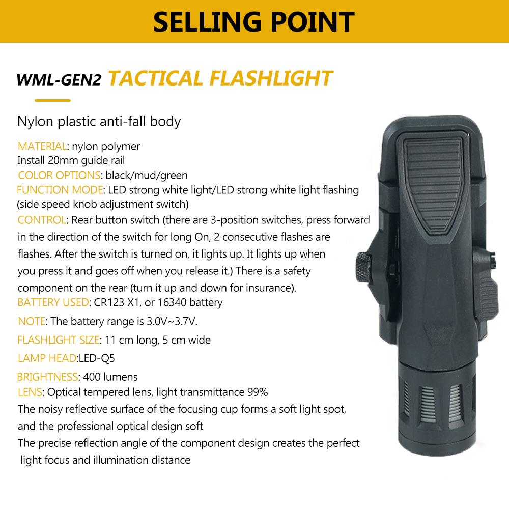 BOOIU Tactical Flashlight WML-G2 Nylon+Metal Strobe LED Light Airsoft Outdoor Waterproof Camping Strong Torch Hunting Flashlight