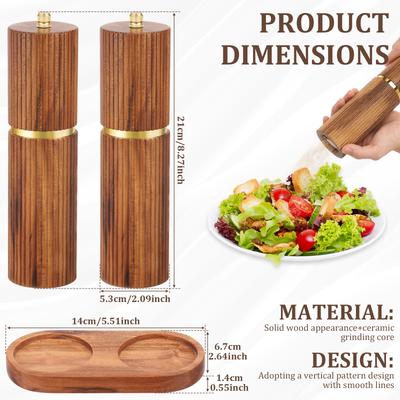 Salz- und Pfeffermühlen-Set Holz Manuelle Salz- und Pfeffermühle mit Tablett Einstellbare Mahlgrad Pfeffermühlen-Set für Küchengerät