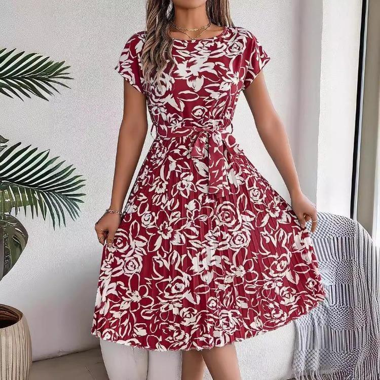 Women High Waist A Line Floral Pleated Long Dress Short Sleeve Spring Summer