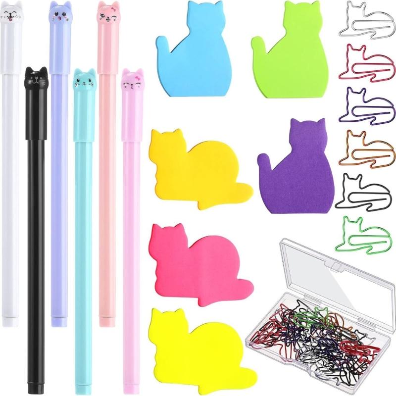 

Cats Themed Student Stationery Set 6 Colored Note Paper 30 Metal Paper Clip 6 Gel Pen for Kid Back to School Supplies 1