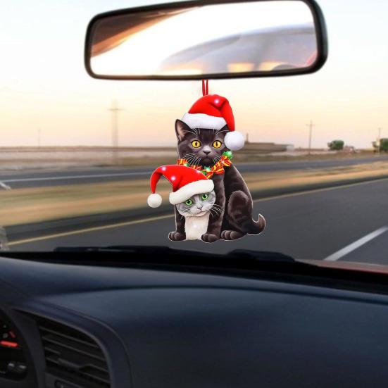 Yousheng Christmas Cat Ornament Cartoon Cat with Santa Hat Pendant 2D Flat Acrylic Christmas Tree Hanging Decoration for Holiday Home Decor