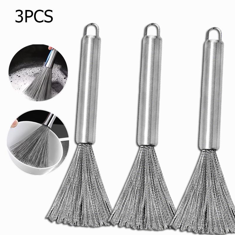 Kitchen Stainless Steel Pot Brush Long-Handled Dishwashing Brush for Kitchen Sink Pans Cleaning Brush Hanging Scrubber Gadget