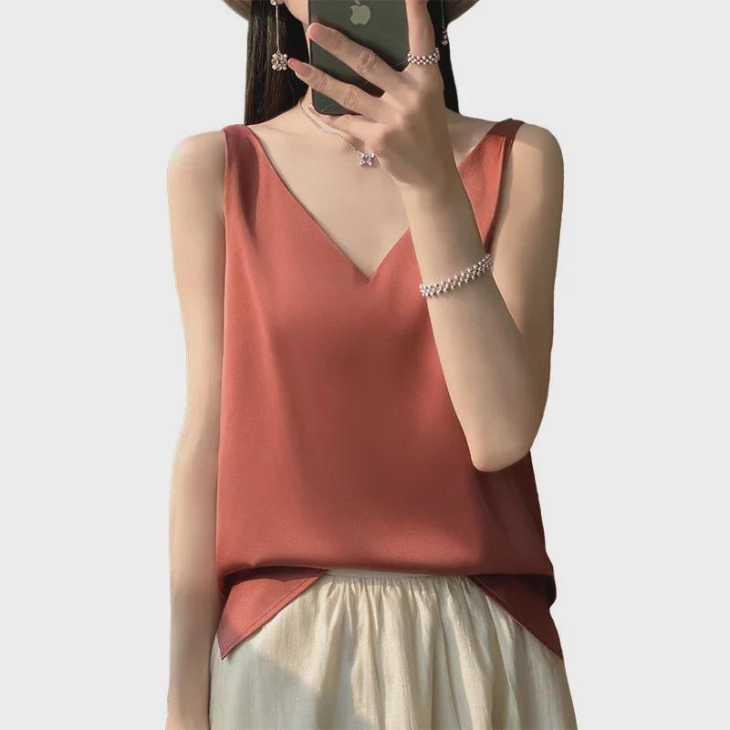 Women's Silk Satin V-Neck Camisole with Spaghetti Straps – Trendy Spring/Summer Slim Fit Inner Top