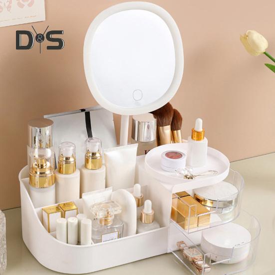 Boîte de rangement de maquillage avec miroir LED, grande capacité, compartiments multiples, boîte de rangement pour pinceaux de maquillage, organisateur de comptoir