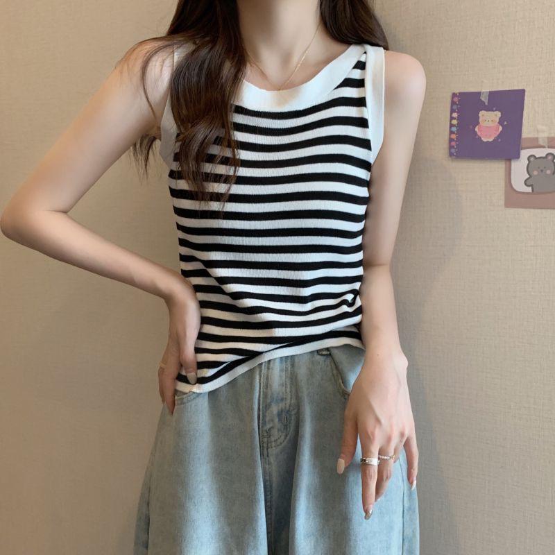 Women's Striped Sleeveless Knitted Summer Tank Top - Slimming, Sweet, and Cute