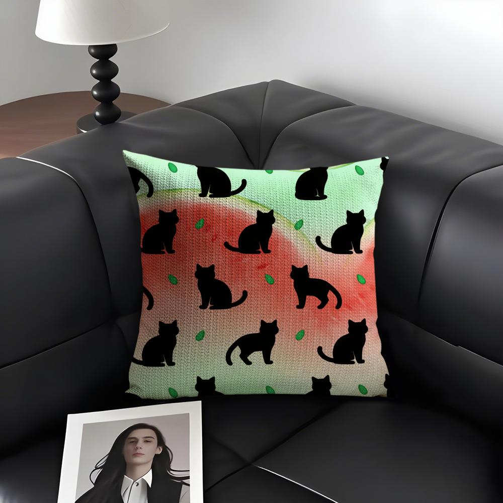 Black Cat Cushion Cover Natural Linen Organic Fabric Double-Sided Printing Sofa Home Decor Gift Pillow Case