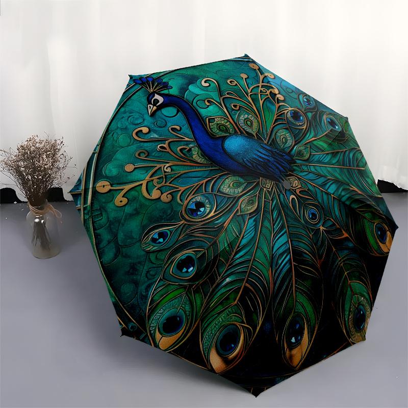 Peacock Feather Art Round Wall DecorUmbrella, Portable 3-Fold Compact Umbrella,Christmas Gift ES550