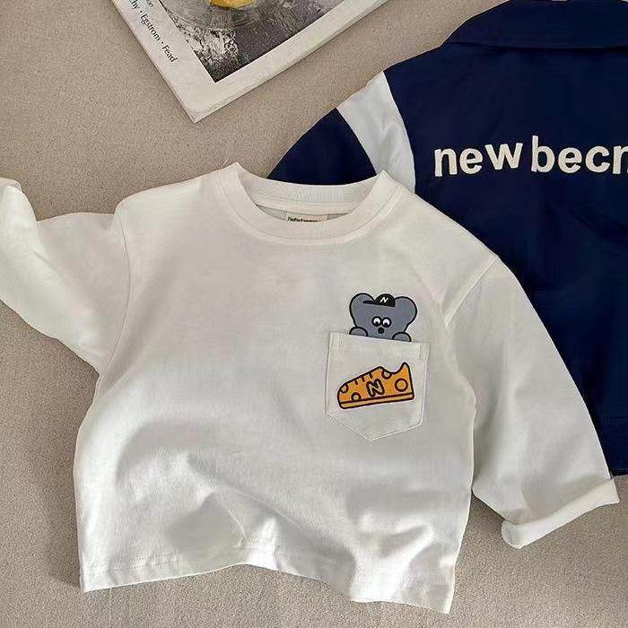 

Детская мультяшная футболка из чистого хлопка с длинным рукавом и карманом, новый стиль 2024 года для мальчиков и девочек, подходит для весны и осени. 130cm