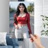 HD Metal Tin Sign Stunning Asian Model Red Leather Crop Top White Jeans Street Portrait Wall Art Decor