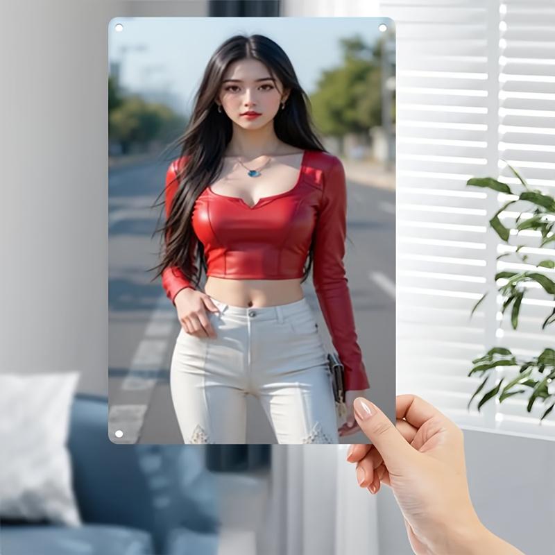 HD Metal Tin Sign Stunning Asian Model Red Leather Crop Top White Jeans Street Portrait Wall Art Decor