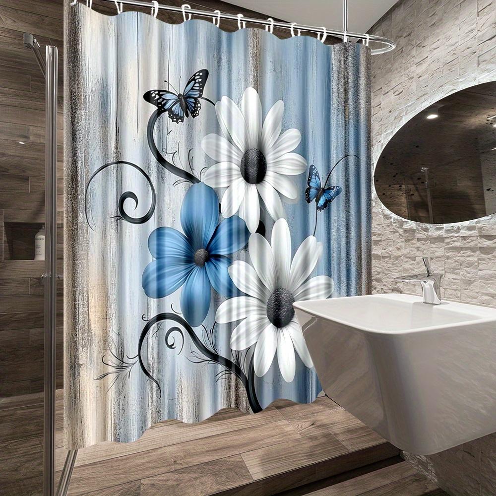 1Pc Butterfly And Flower Shower Curtain With Artistic Design, Polyester Fabric, Bathroom Decor Included, 12 Hooks,