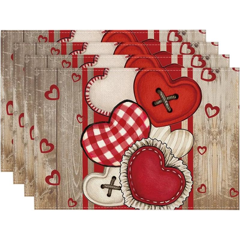 Valentine's Day Placemat Heart Pattern Linen Placemats Love Theme Romantic Desktop Protector Mat for Kitchen Dining