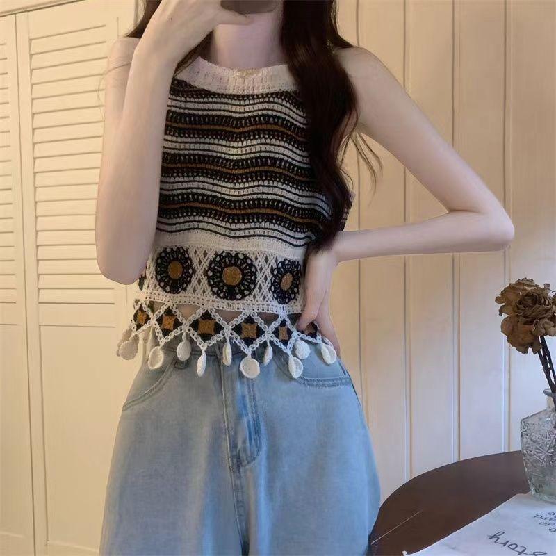 Hollow Flower Embroidery Knitted Crochet Camisole Summer Women's Retro Ethnic Design Tassel Short Top