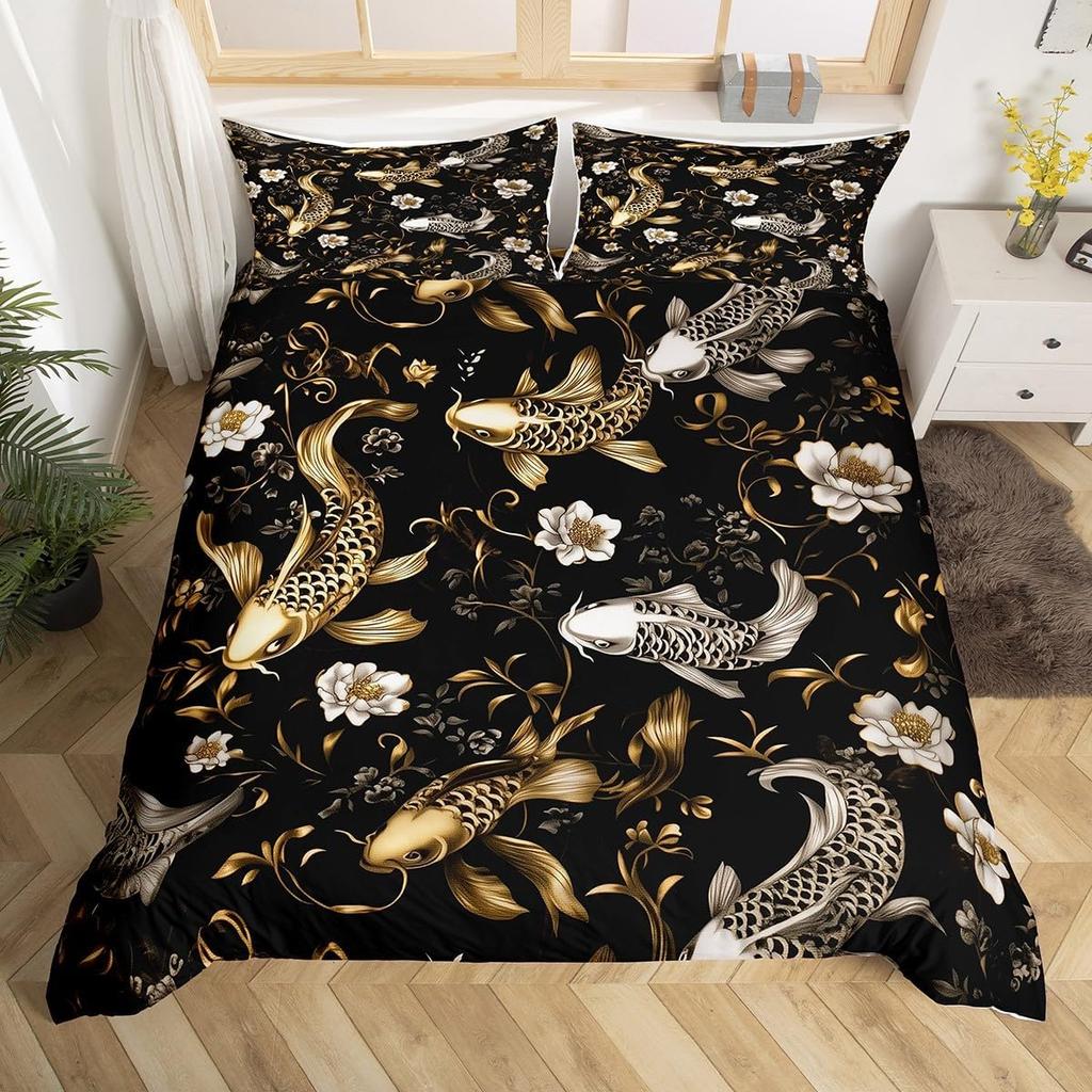 Comforter Koi Fish Full Queen Japanese Cherry Blossom Tree Bedding Set Marine Sealife Comforter For Kids Teen Room Decor
