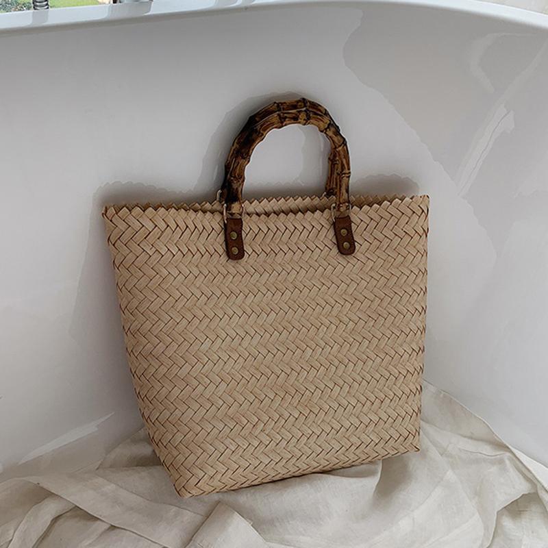 

Женская тканая пляжная соломенная сумка, повседневные сумки ручной работы из ротанга на ремне 27x12x29cm бежевый