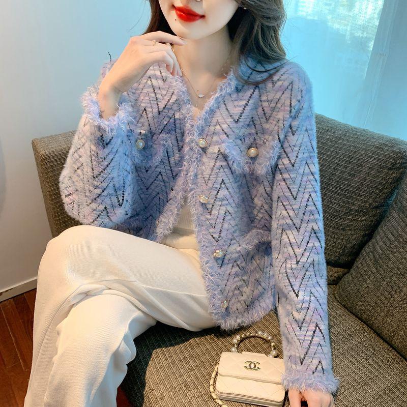 

Кардиган, шерстяной свитер для женщин, осень и зима 2023, французский высококачественный бархатный свитер с длинными рукавами из искусственной норки, женский женский One Size синий