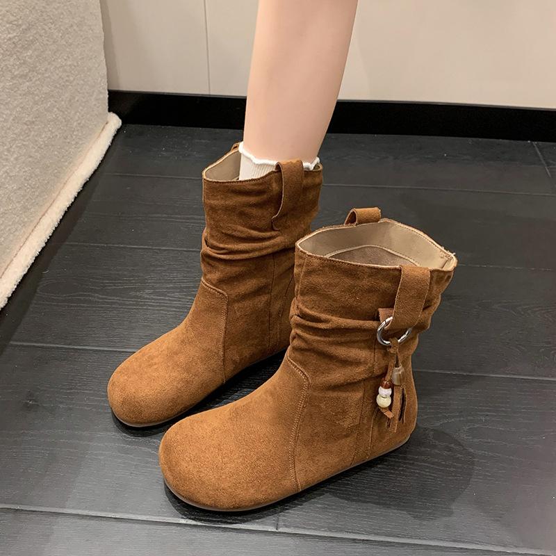 Retro ethnic style pile short boots women's 2025 autumn new Maillard brown medium boots inner height-increasing Martin boots