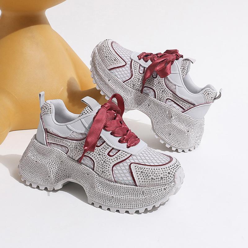 Fashion 7cm Summer Luxury Designer Women Daddy Rhinestone Sneakers Thick Bottoms Mesh Pink Sweet Ladies Tenis Platform Shoes Spring