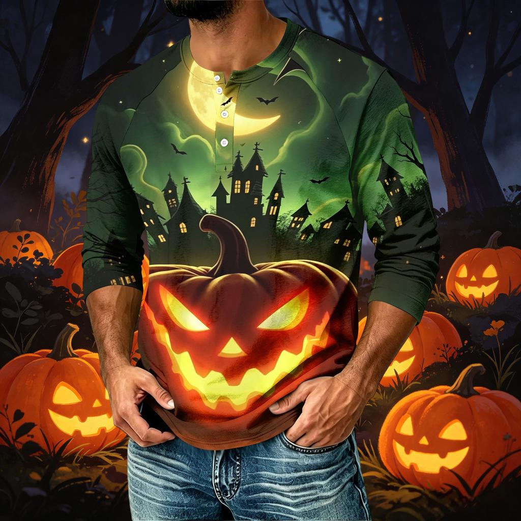 Men's Casual Shirt with Raglan Three-Quarter Sleeve, Halloween Graphic Print