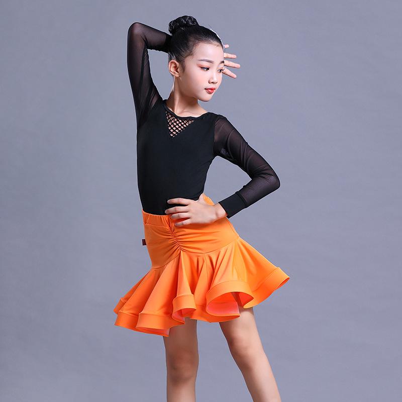 Girls' Exam Grade Latin Dance Costume Set - Long Sleeve Jumpsuit with Skirt for Autumn Practice
