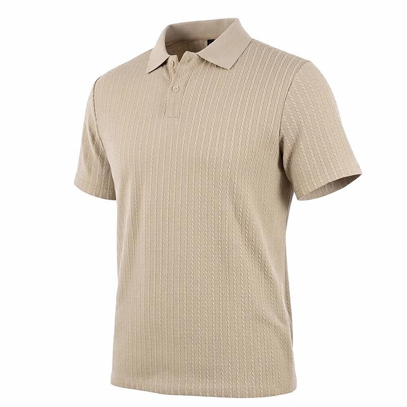Mens Summer Textured Short Sleeve Polo Shirt Business Casual Solid Lapel Top