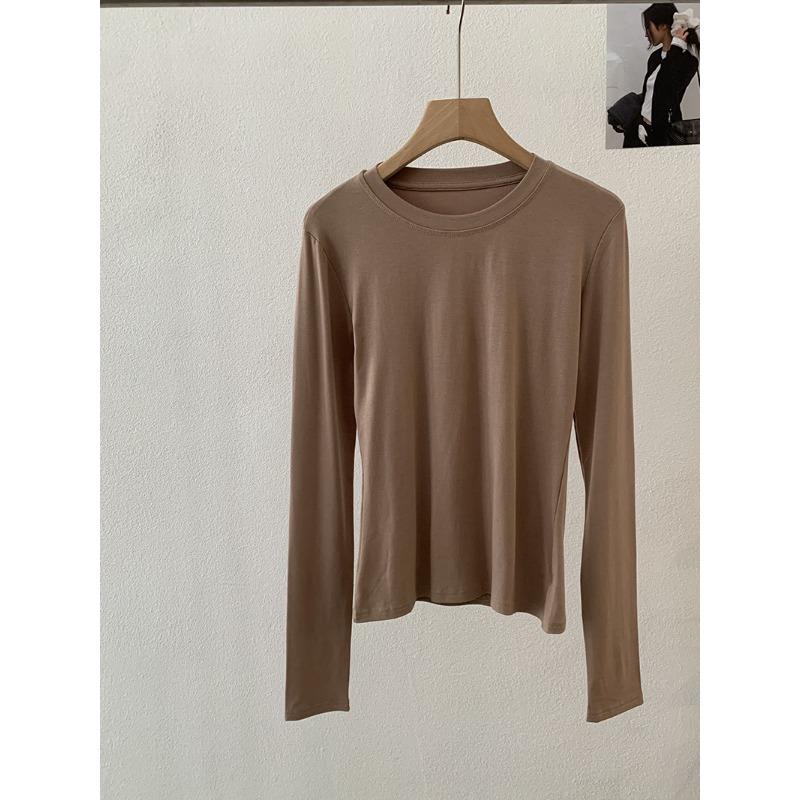 Frühling Herbst Rundhals Einfarbig Unterteil T-Shirt Damen Langarm Schlicht Allround Elastischer Pullover T-Shirt Top