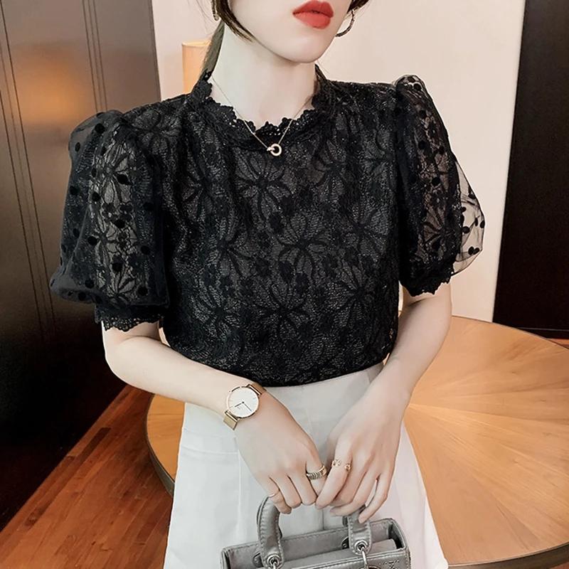 Women White Lace Blouses Summer Hollow Out Black Casual Korean Style Elegant Puff Sleeve Tops Vintage Shirt