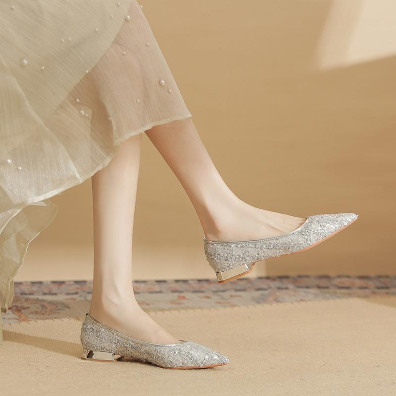 29808 [sheepskin] Flat Shoes Women's Spring 2025 New Pointed Sequins Temperament Low Heel Shallow Mouth Single Shoes