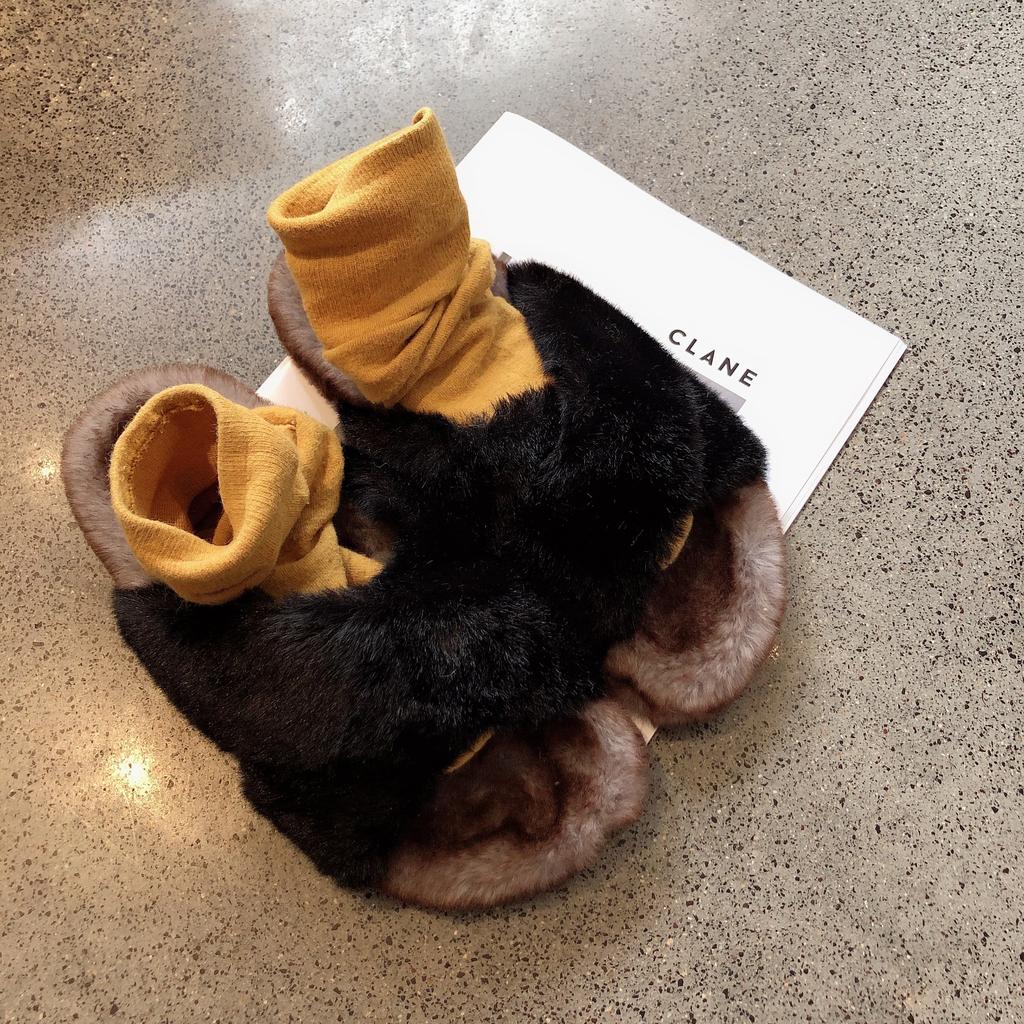 Fashion Celebrity Cross band fur slippers women winter shoes warm plush pantuflas thicken soled mixed colors fleeces slides mujer